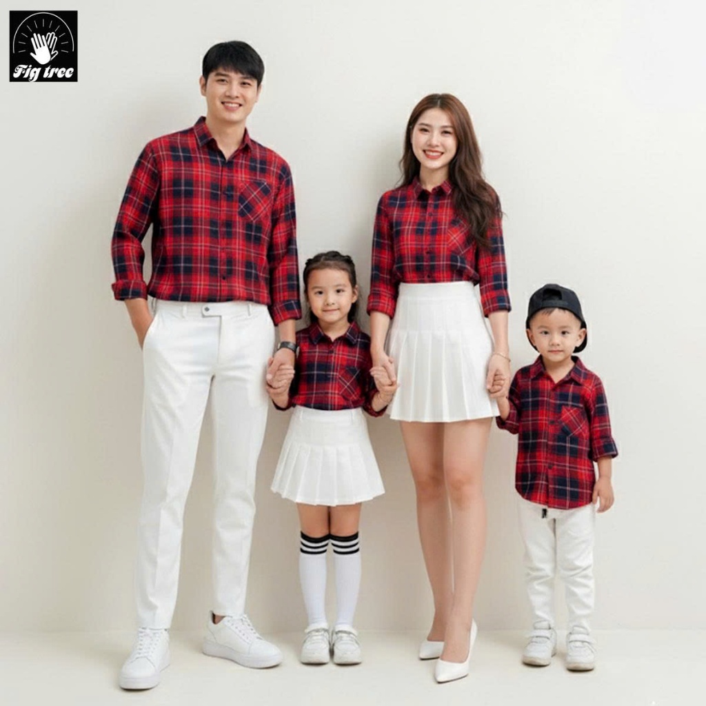 Set Đồng Phục Áo Sơ Mi Gia Đình Caro Đỏ Nổi Bật, Chất Cotton Phù hợp Mùa hè, Nhiều size, Ms 179A