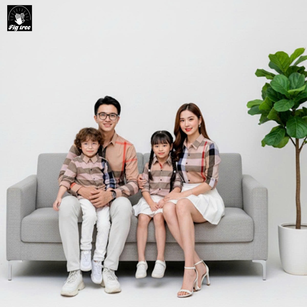 Set Áo Sơ Mi Gia Đình Fig Tree Caro Màu Kem Đen Trắng( chất cotton mềm mát -full size từ 7kg -100kg)