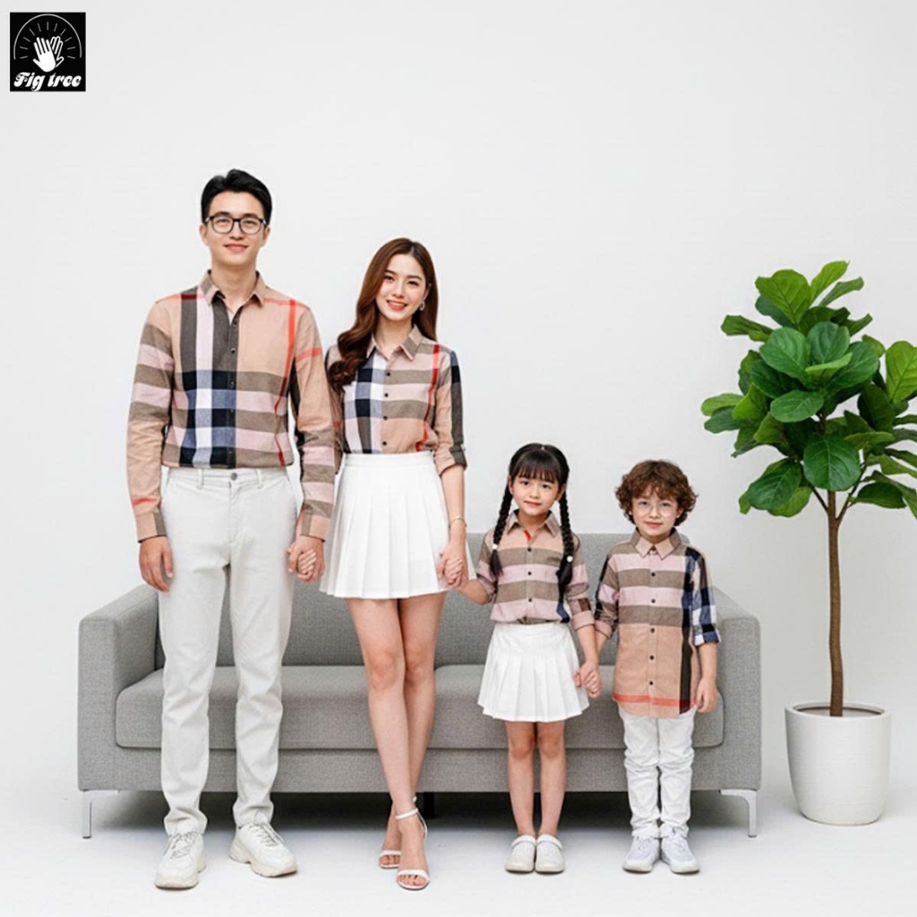 Set Áo Sơ Mi Gia Đình Fig Tree Caro Màu Kem Đen Trắng( chất cotton mềm mát -full size từ 7kg -100kg)