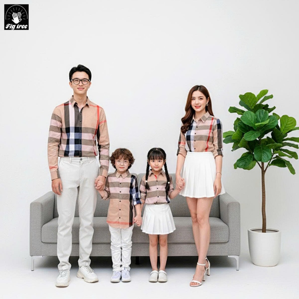 Set Áo Sơ Mi Gia Đình Fig Tree Caro Màu Kem Đen Trắng( chất cotton mềm mát -full size từ 7kg -100kg)