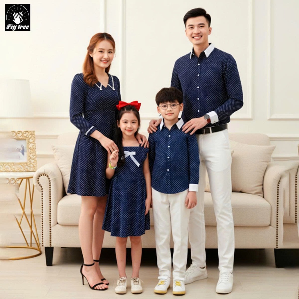 Đồng Phục Gia Đình Fig Tree Chấm Bi Xanh Phối Trắng Đi Tiệc, Đi Chơi, Chụp hình,Hàng Thiết Kế,MS 162