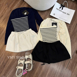 VMY Studio - Set áo cardigan + áo kẻ trẻ trung basic, áo dài tay phối áo kẻ năng động thu đông nữ
