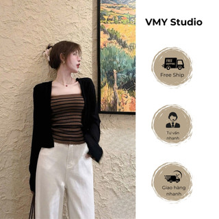 VMY Studio - Set áo cardigan + áo kẻ trẻ trung basic, áo dài tay phối áo kẻ năng động thu đông nữ