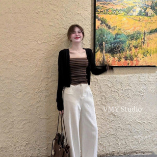 VMY Studio - Set áo cardigan + áo kẻ trẻ trung basic, áo dài tay phối áo kẻ năng động thu đông nữ