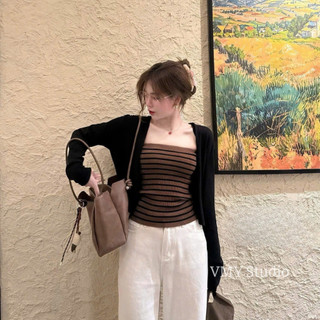 VMY Studio - Set áo cardigan + áo kẻ trẻ trung basic, áo dài tay phối áo kẻ năng động thu đông nữ