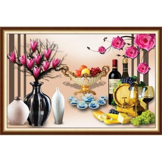 Tranh dán tường phòng ăn phòng bếp, tranh tĩnh vật hoa quả, tranh 3D in trên chất liệu vải lụa (shop tặng kèm keo dán)