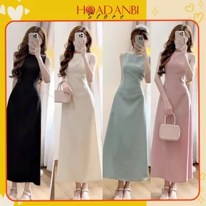Váy yếm dáng dài xòe chất chéo phong cách hàn quốc, Váy cổ thuyền dài xòe tôn dáng thanh lịch
