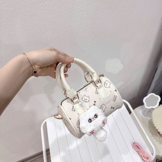 Túi xách nữ mini ,cầm tay họa tiết mèo đáng yêu size 17cm dáng trống kèm charm bông cute - TXN086