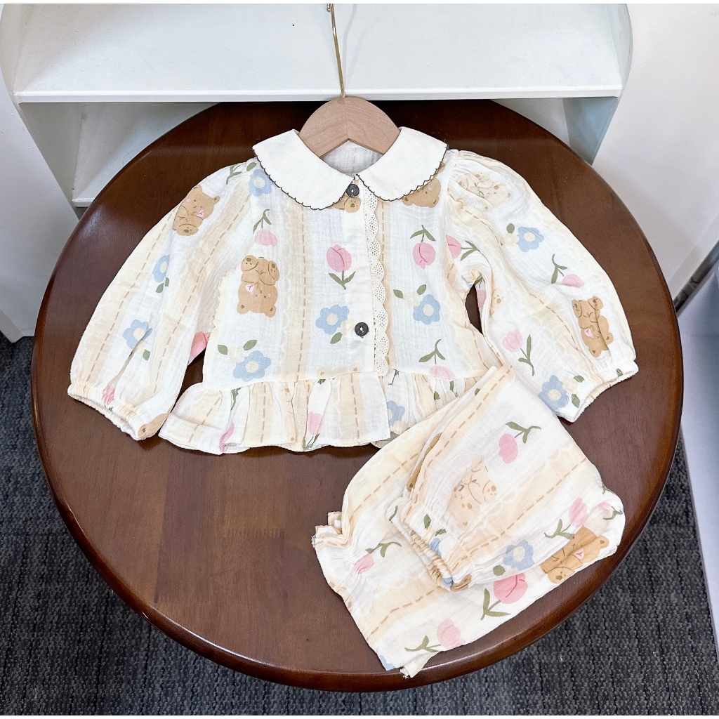 Bộ Pizama Dài Tay Bé Gái Cổ Sen Cài Cúc Cho Bé Yêu Siêu Xinh Nhà Liena'S Closet
