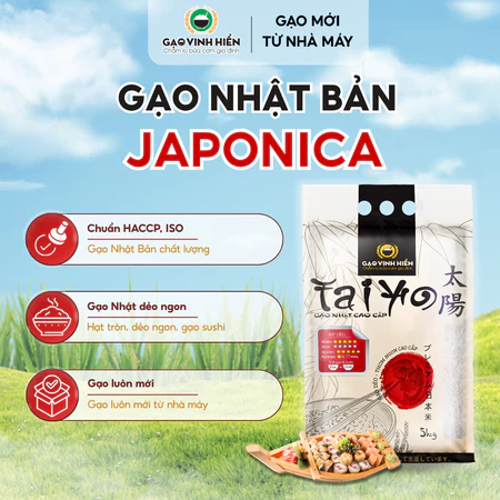 [Gạo Japonica] Gạo Nhật Taiyo Vinh Hiển cao cấp 5kg - Dẻo nhiều, mềm ngon - Gạo nấu cho bé, gạo cho bé ăn dặm
