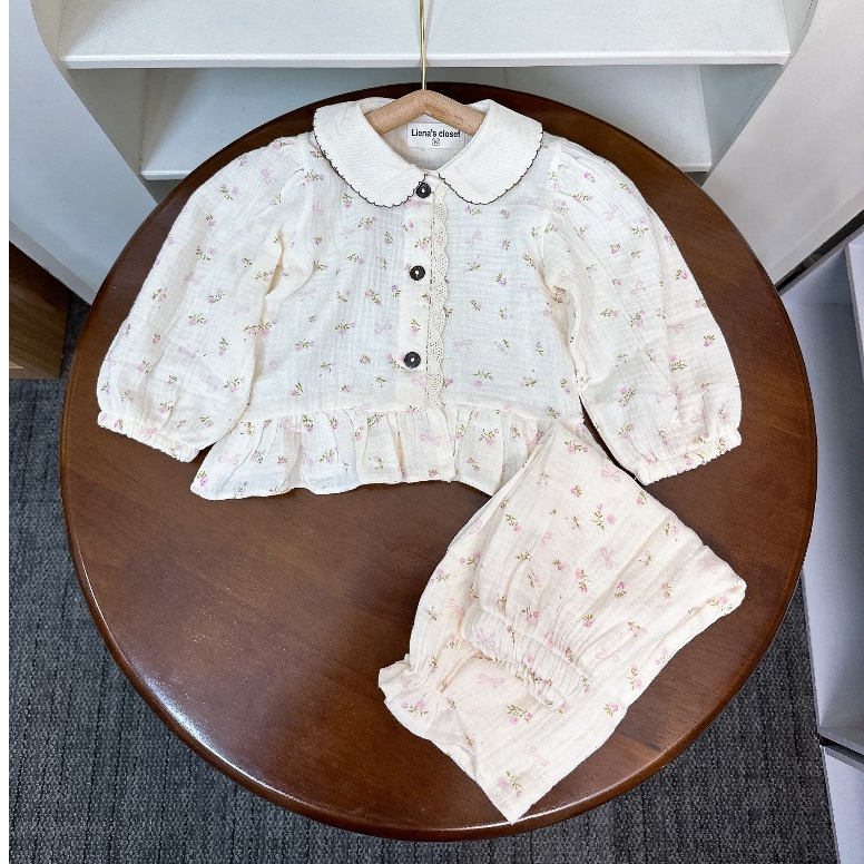 Bộ Pizama Dài Tay Bé Gái Cổ Sen Cài Cúc Cho Bé Yêu Siêu Xinh Nhà Liena'S Closet