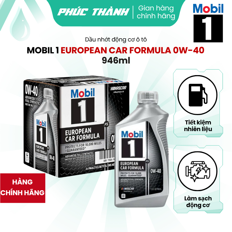 Thùng 6 Chai Dầu Nhớt Tổng Hợp Toàn Phần Ô-Tô MOBIL 1 European Car Formula 0W40 946ml Nhập Khẩu USA - Chính Hãng