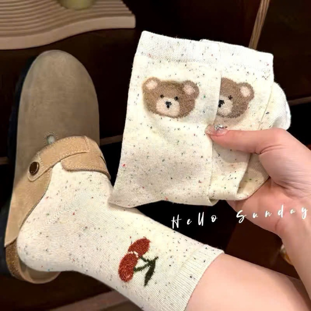 Tất cổ cao nữ họa tiết gấu,nơ,cherry cute,chất cotton phong cách Hàn Quốc