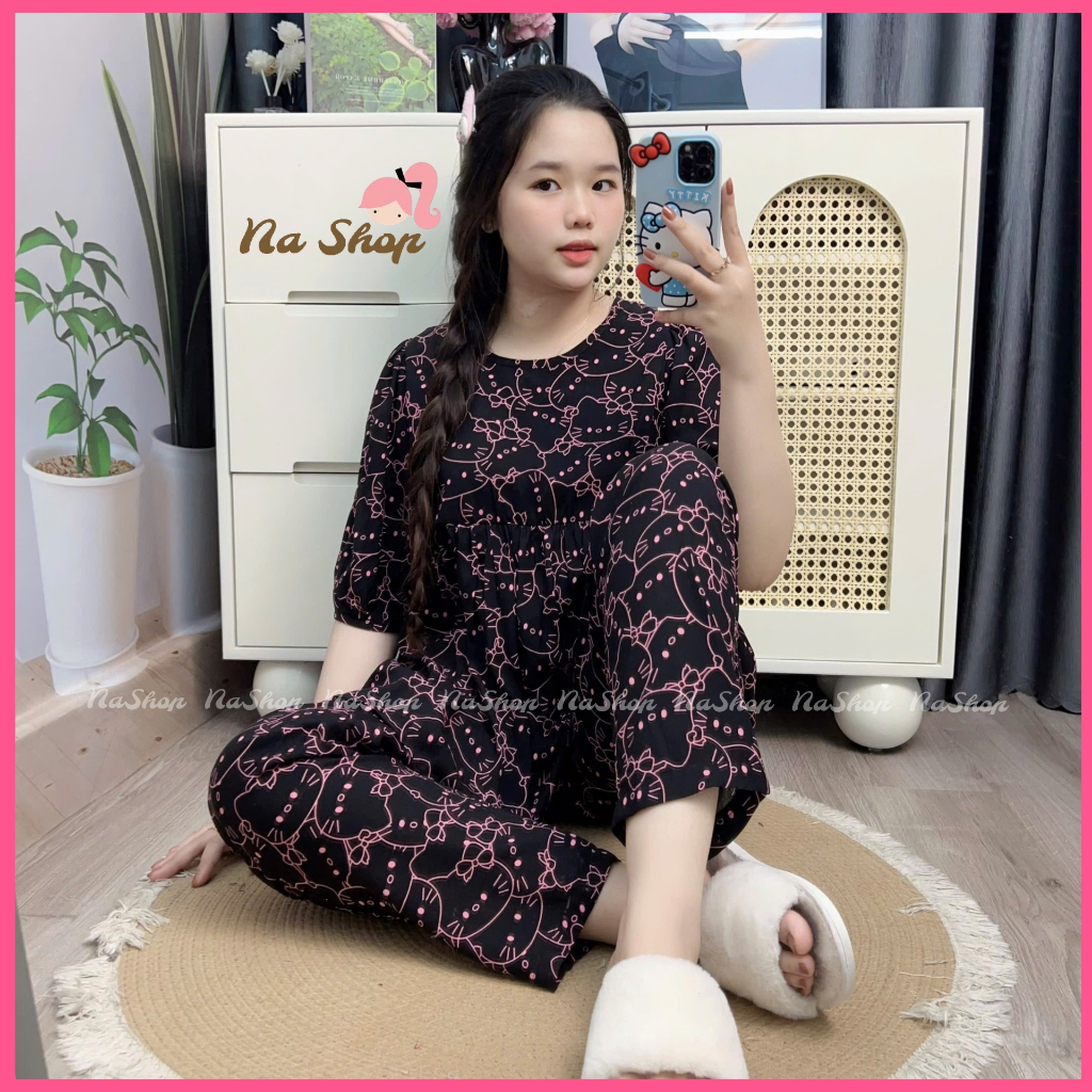 Đồ bộ tole lanh Babydoll Quần dài Cổ tròn Tay ngắn Chất liệu mát mềm mịn Dễ mặc Dễ thương 40~75kg NaShop
