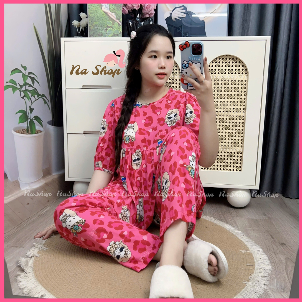 Đồ bộ tole lanh Babydoll Quần dài Cổ tròn Tay ngắn Chất liệu mát mềm mịn Dễ mặc Dễ thương 40~75kg NaShop