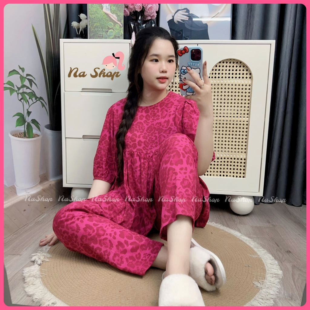Đồ bộ tole lanh Babydoll Quần dài Cổ tròn Tay ngắn Chất liệu mát mềm mịn Dễ mặc Dễ thương 40~75kg NaShop