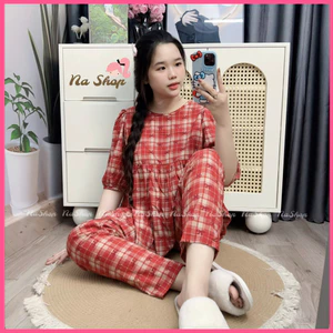 Đồ bộ tole lanh Babydoll Quần dài Cổ tròn Tay ngắn Chất liệu mát mềm mịn Dễ mặc Dễ thương 40~75kg NaShop