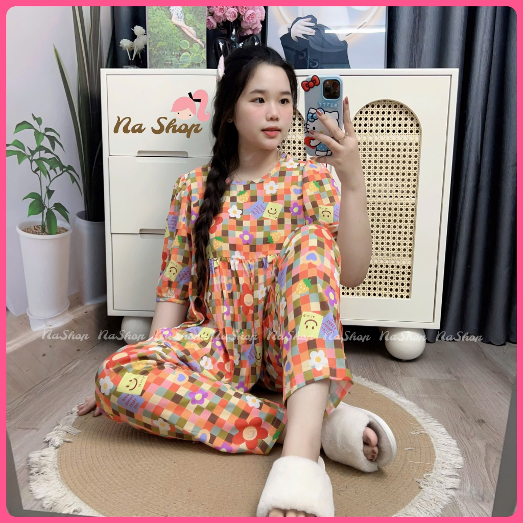 Đồ bộ tole lanh Babydoll Quần dài Cổ tròn Tay ngắn Chất liệu mát mềm mịn Dễ mặc Dễ thương 40~75kg NaShop