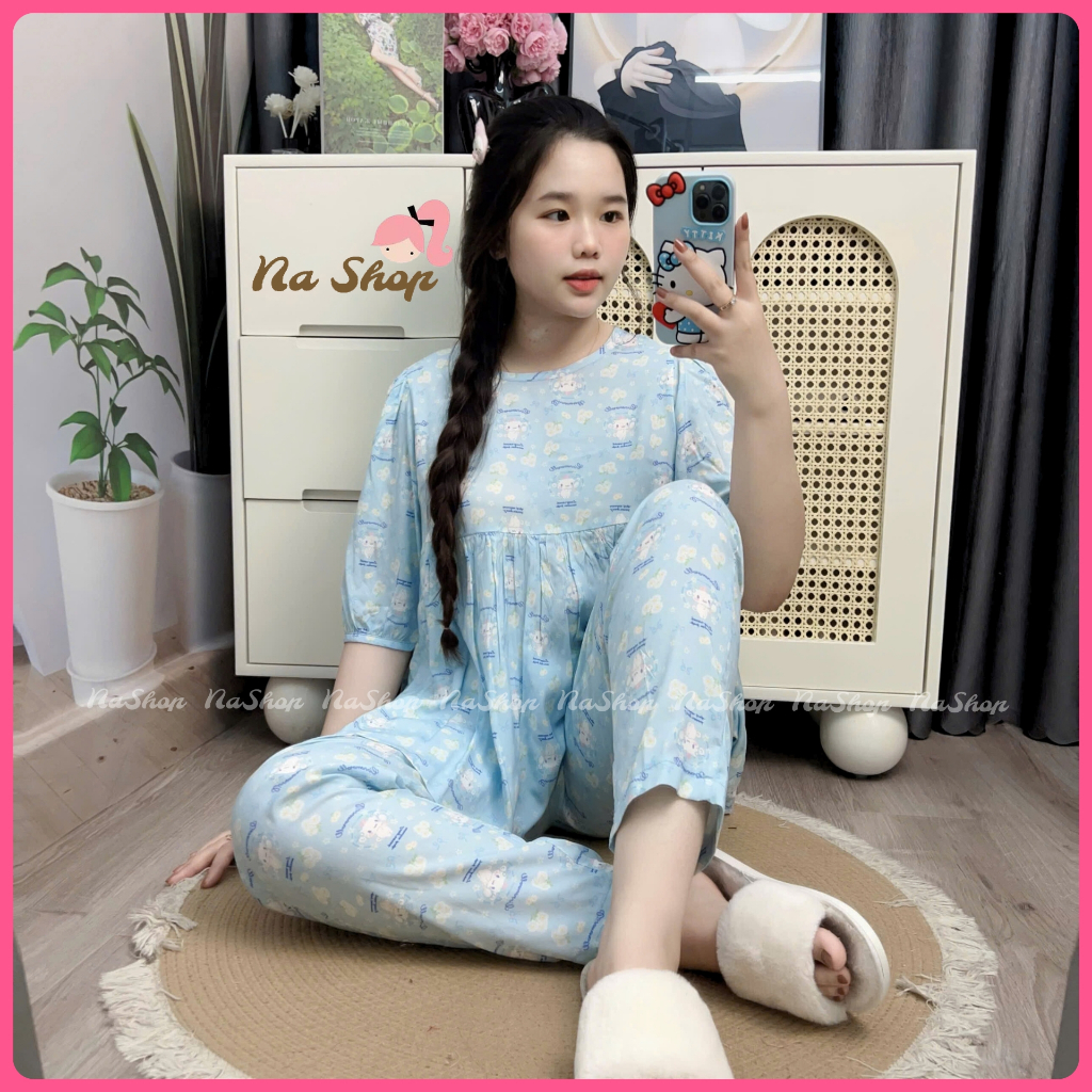 Đồ bộ tole lanh Babydoll Quần dài Cổ tròn Tay ngắn Chất liệu mát mềm mịn Dễ mặc Dễ thương 40~75kg NaShop