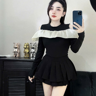 Áo Nữ Thun Tăm Hở Vai Dài Tay Cách Điệu Phối Bèo Nữ Điệu Đà