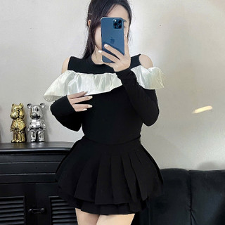 Áo Nữ Thun Tăm Hở Vai Dài Tay Cách Điệu Phối Bèo Nữ Điệu Đà