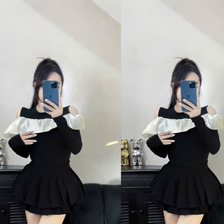 Áo Nữ Thun Tăm Hở Vai Dài Tay Cách Điệu Phối Bèo Nữ Điệu Đà