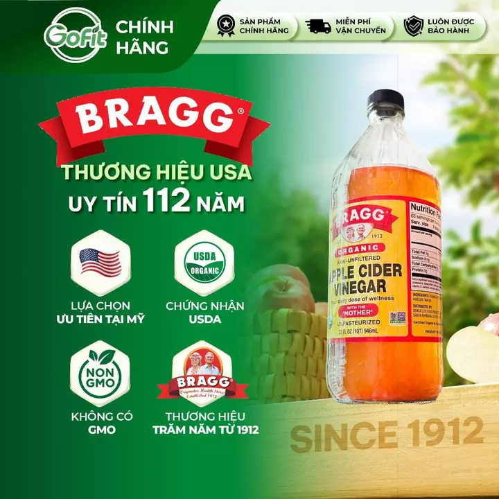 Giấm Táo Hữu Cơ Bragg Organic Mỹ 473ml, 946ml – Có Giấm Cái Hỗ Trợ Giảm Cân, Detox Cơ Thể – 7