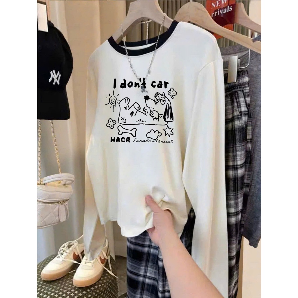 Áo dài tay nữ Trắng bo viền cổ cá tính JULY FASHION, Áo thun tay dài in hình xinh xắn, Áo thun mùa đông chất xượt mềm