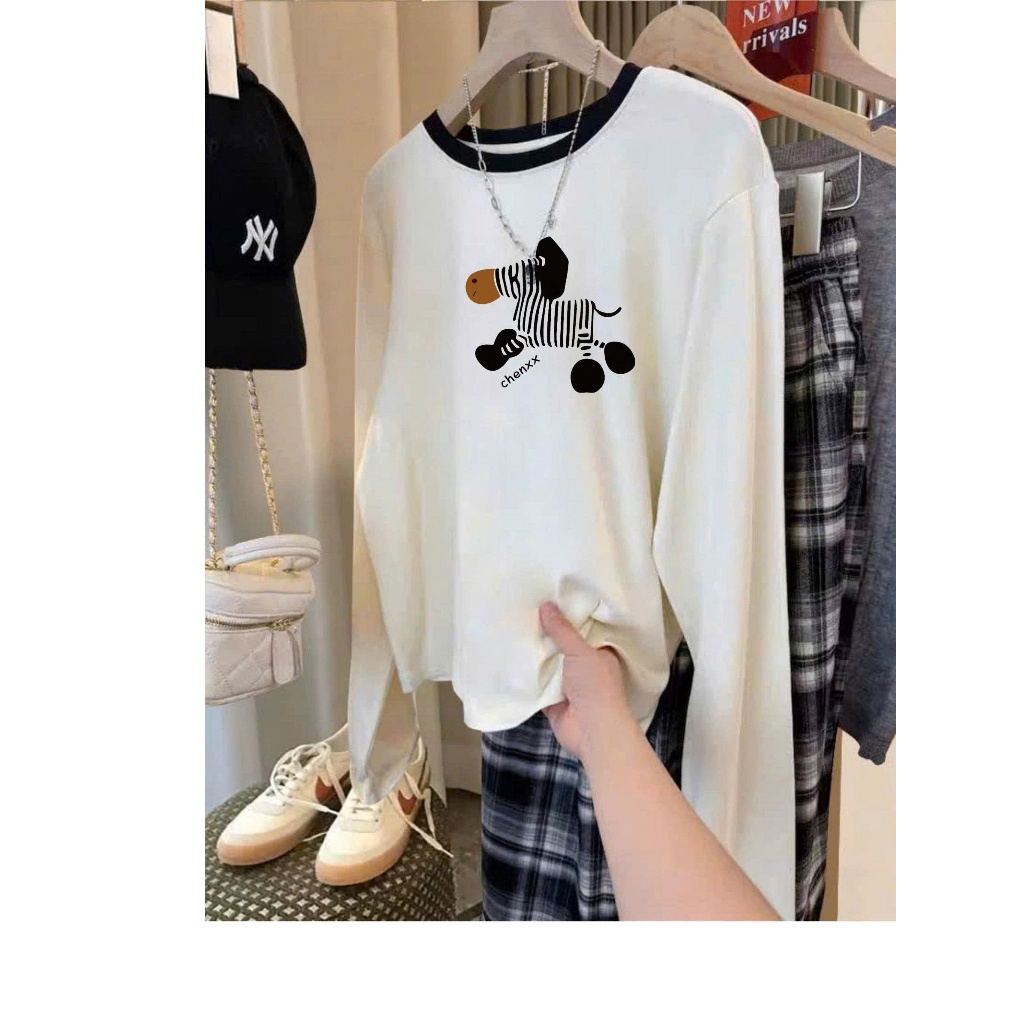 Áo dài tay nữ Trắng bo viền cổ cá tính JULY FASHION, Áo thun tay dài in hình xinh xắn, Áo thun mùa đông chất xượt mềm