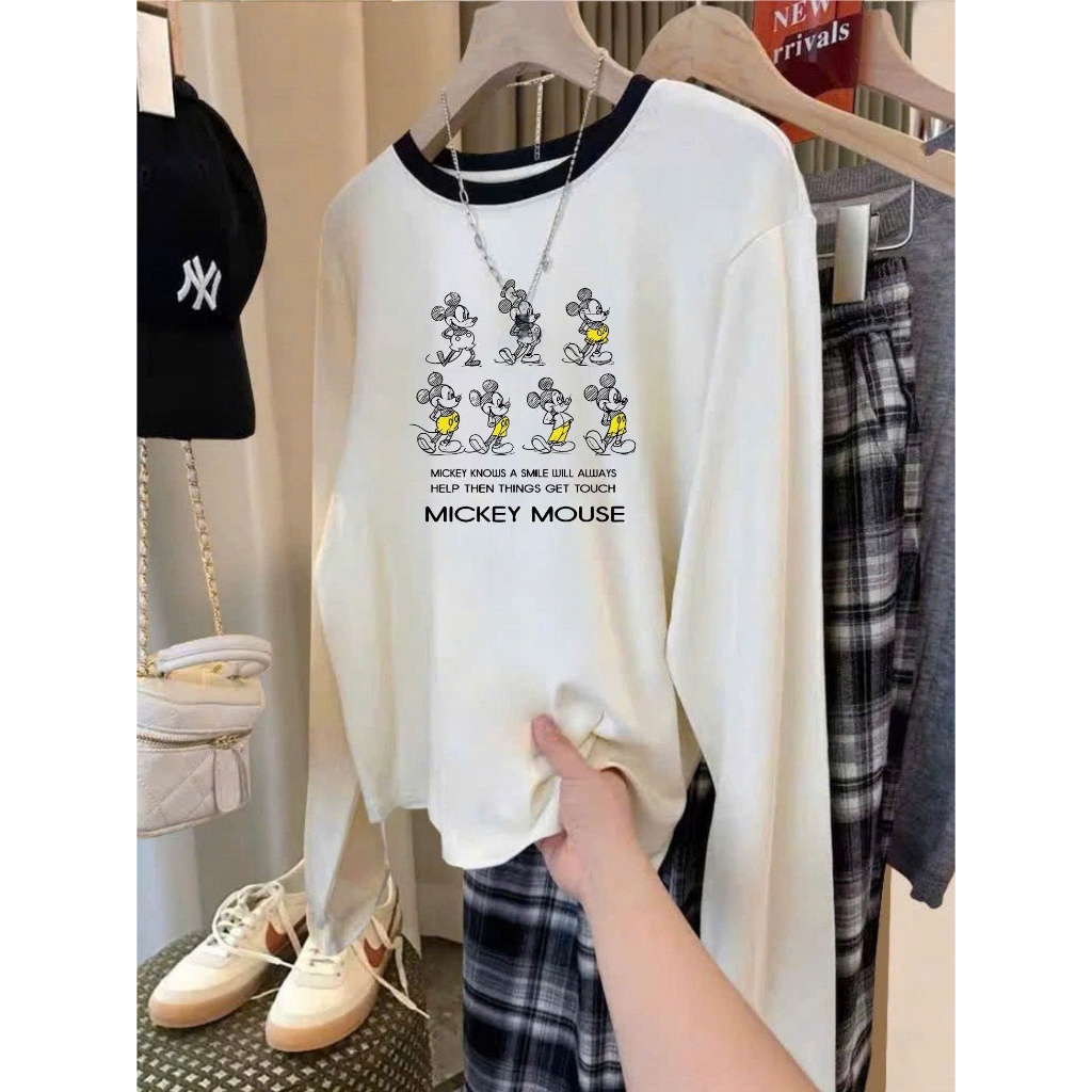 Áo dài tay nữ Trắng bo viền cổ cá tính JULY FASHION, Áo thun tay dài in hình xinh xắn, Áo thun mùa đông chất xượt mềm