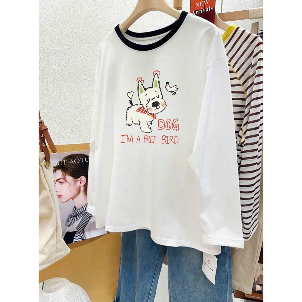 Áo dài tay nữ Trắng bo viền cổ cá tính JULY FASHION, Áo thun tay dài in hình xinh xắn, Áo thun mùa đông chất xượt mềm