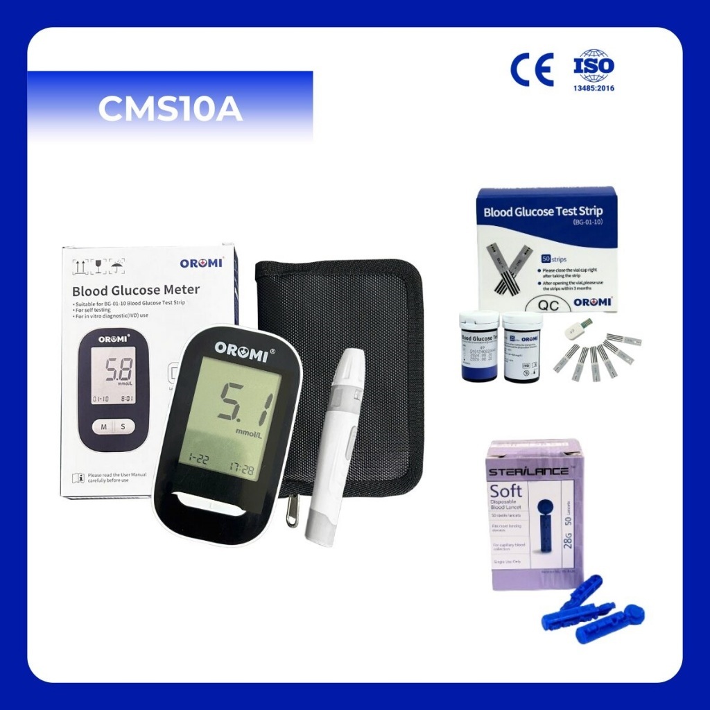 Máy đo đường huyết Oromi CMS10A kèm 50 Que thử + 50 Kim lấy máu - Bảo hành trọn đời