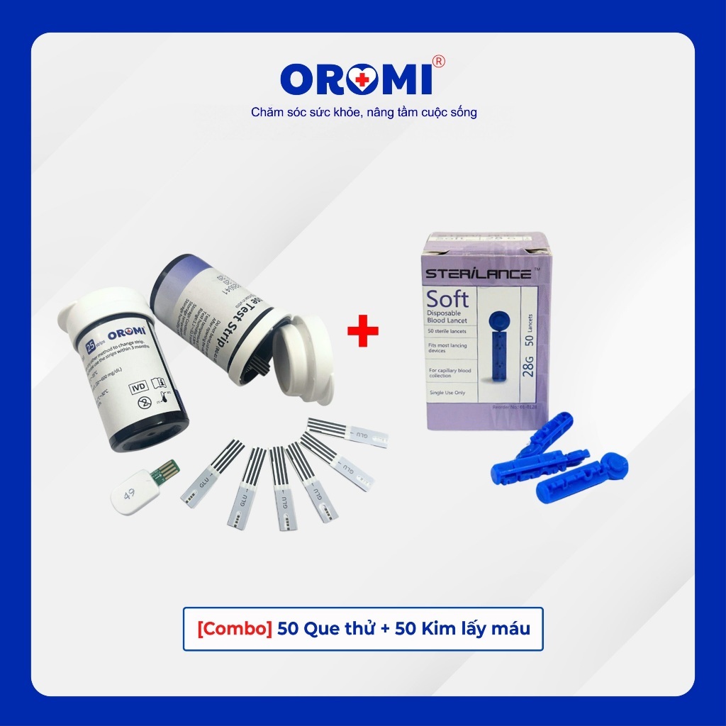 Máy đo đường huyết Oromi CMS10A kèm 50 Que thử + 50 Kim lấy máu - Bảo hành trọn đời