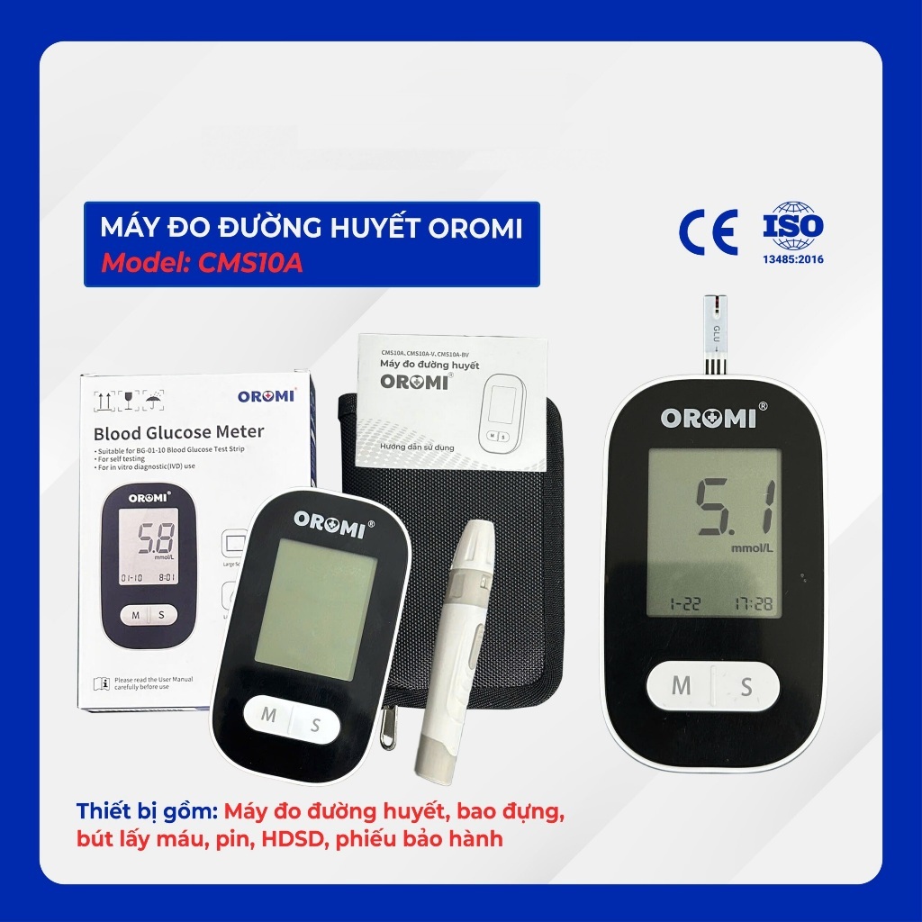 Máy đo đường huyết Oromi CMS10A kèm 50 Que thử + 50 Kim lấy máu - Bảo hành trọn đời