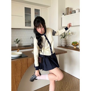 Áo len cardigan dài tay cổ tròn phối sọc tay màu xanh than basic chất lông thỏ mềm CD845 350G