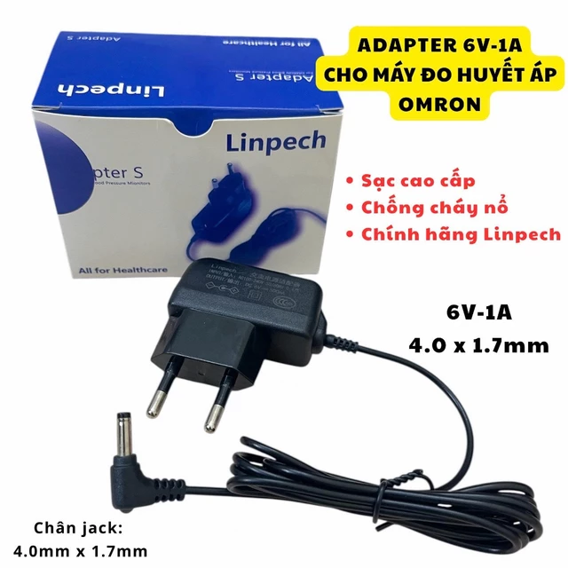 Nguồn 6V-1A cao cấp dùng cho máy đo huyết áp OMRON. Adapter 6V-1A chân jack 4.0x1.7mm hãng Linpech