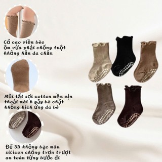 Set 5 Đôi Tất Cotton Tăm Tone Nâu Cho Bé Có Kèm Chống Trơn Trượt Viền Cổ Bèo SS71