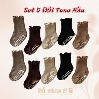 Set 5 Đôi Tất Cotton Tăm Tone Nâu Cho Bé Có Kèm Chống Trơn Trượt Viền Cổ Bèo SS71