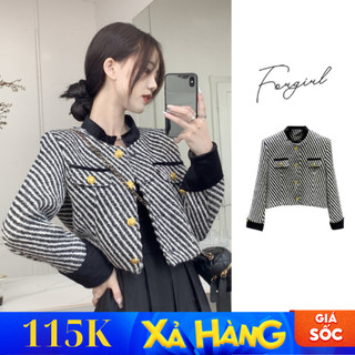 Áo dạ tweed khoác ngoài màu trắng đen Forgirl áo dạ nữ croptop phối cúc đồng sang chảnh T011