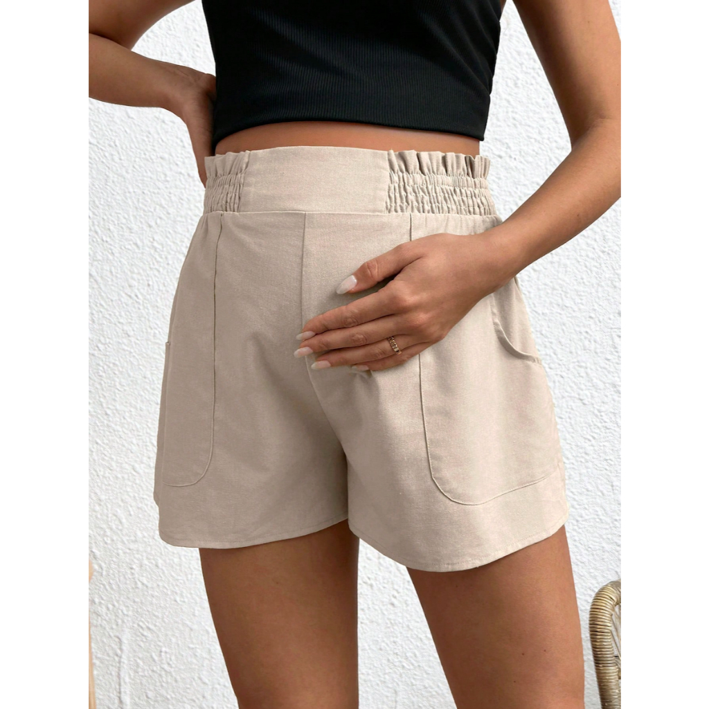 Quần Short Nữ Màu Trơn Cạp Nhún Bèo, Có Túi YN100