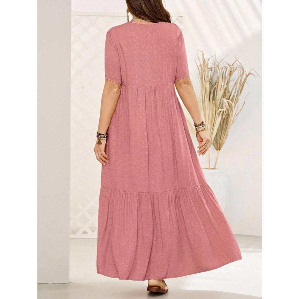 Đầm Dài Hồng Nữ Big Size Cổ Chữ V Tay Ngắn YN102
