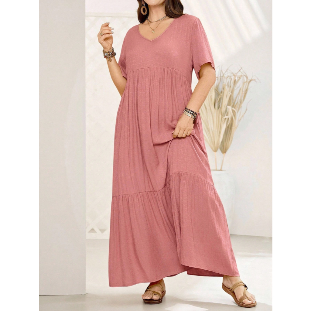 Đầm Dài Hồng Nữ Big Size Cổ Chữ V Tay Ngắn YN102