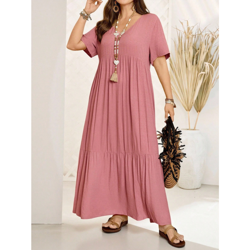 Đầm Dài Hồng Nữ Big Size Cổ Chữ V Tay Ngắn YN102