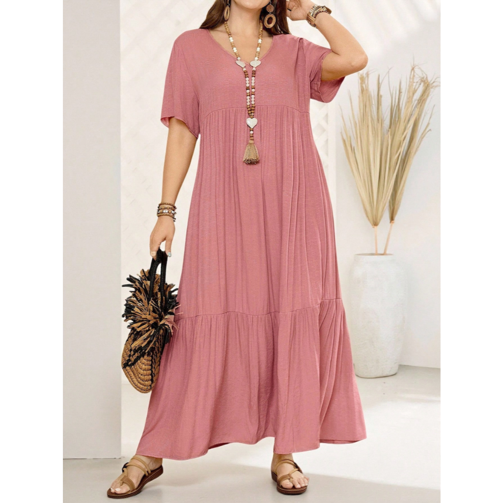 Đầm Dài Hồng Nữ Big Size Cổ Chữ V Tay Ngắn YN102