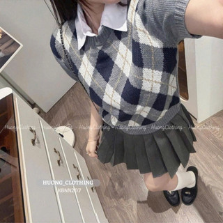 LT - Áo len ô trám chic len cổ tròn tay cộc bồng vai, free size 1319