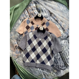 LT - Áo len ô trám chic len cổ tròn tay cộc bồng vai, free size 1319