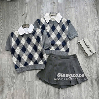 LT - Áo len ô trám chic len cổ tròn tay cộc bồng vai, free size 1319