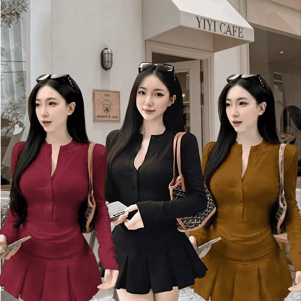 Set Áo Dài Tay Cổ Đính Nút Kèm Chân Váy Xếp Ly Có Quần Bảo Hộ Bigsize – Thun Tăm Lạnh Dày BS049