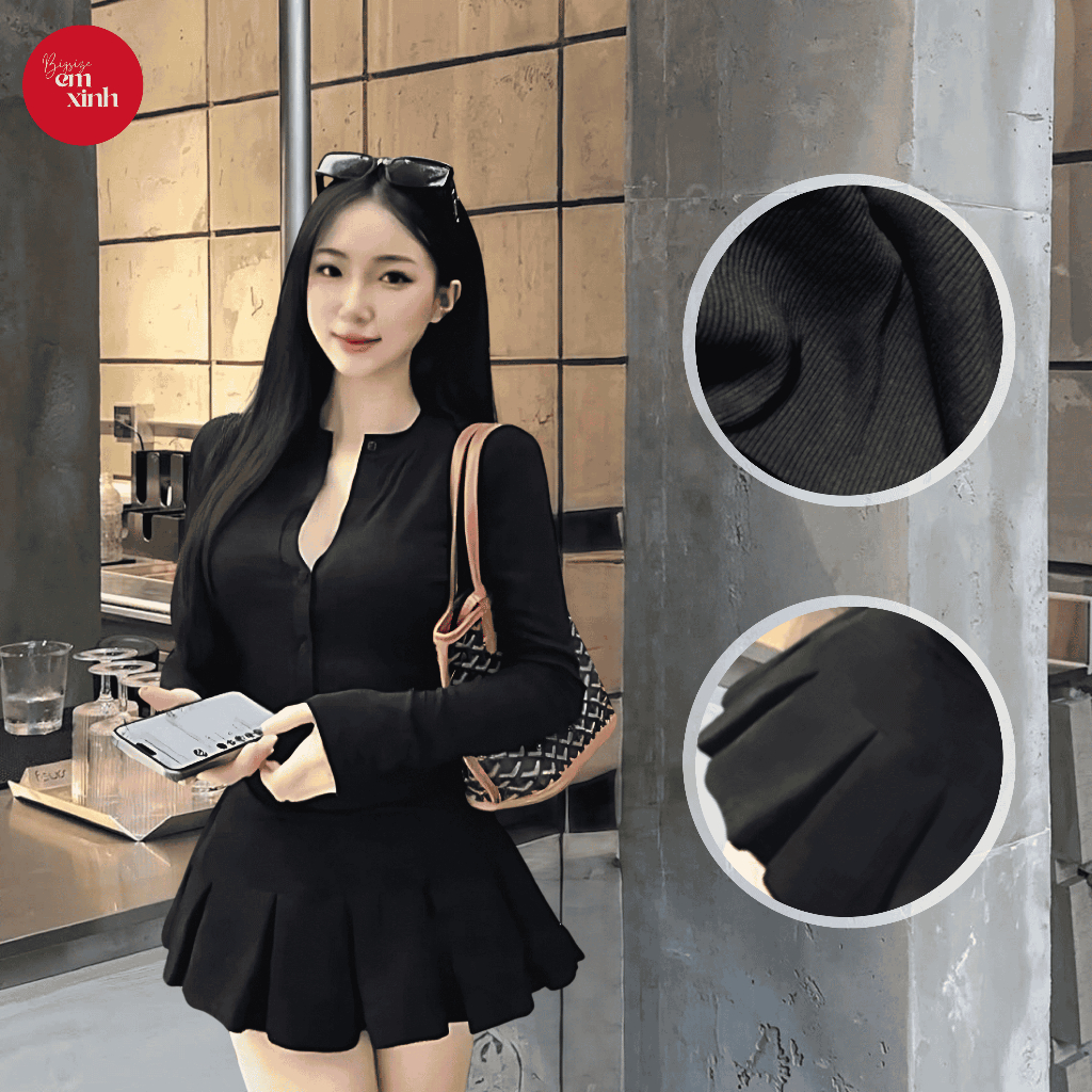 Set Áo Dài Tay Cổ Đính Nút Kèm Chân Váy Xếp Ly Có Quần Bảo Hộ Bigsize – Thun Tăm Lạnh Dày BS049