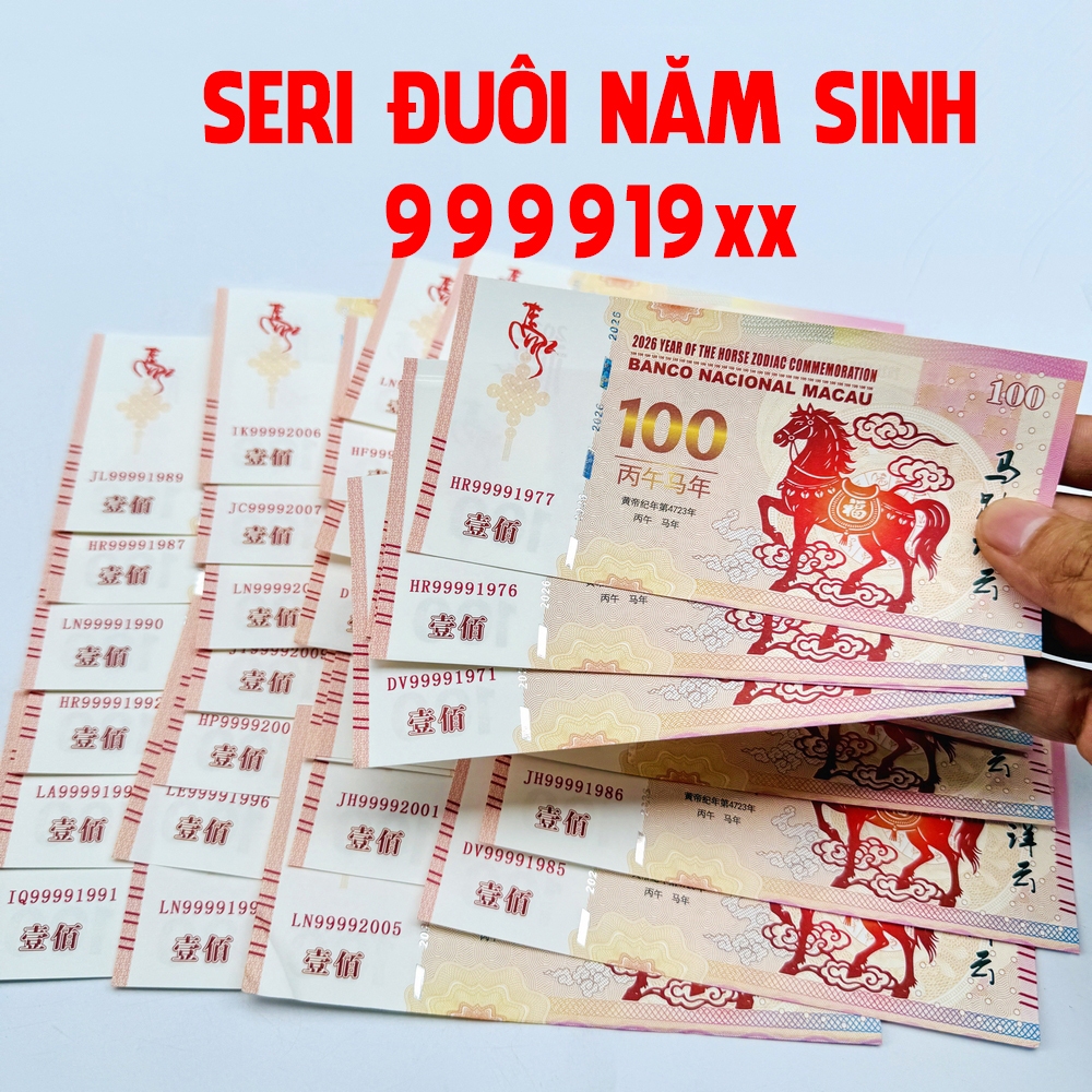 [BÁN CHẠY] (Seri Năm Sinh) Tờ 100 Macao  hình con Ngựa lưu niệm lì xì tết Bính Ngọ, có bảo an, tặng bao lì xì